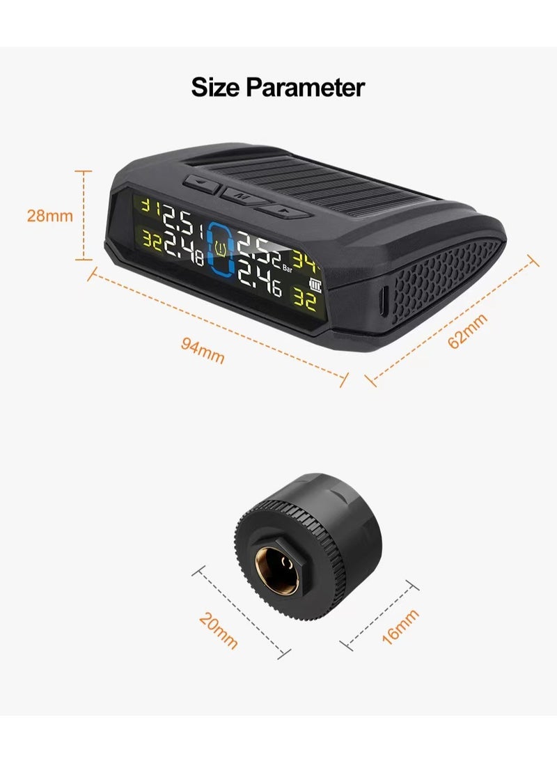 Tire Pressure Monitoring System, Wireless TPMS Tire Pressure Monitor System with Solar Charger, TPMS with 4 tire Pressure Sensors & 6 Alarm Modes(0-87 PSI)