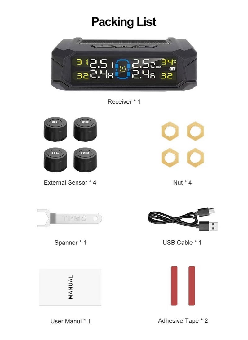 Tire Pressure Monitoring System, Wireless TPMS Tire Pressure Monitor System with Solar Charger, TPMS with 4 tire Pressure Sensors & 6 Alarm Modes(0-87 PSI)