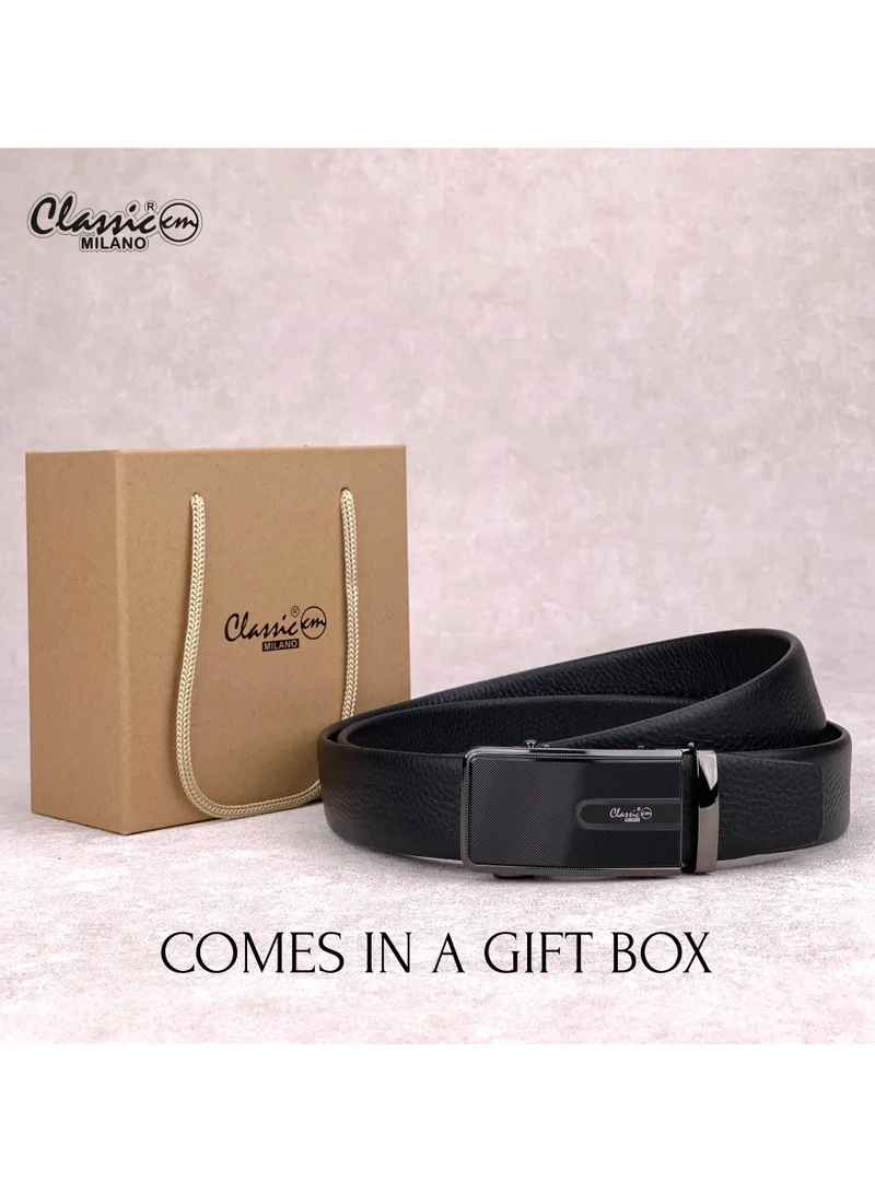 Classic Milano Black (ALTHQ-3705-11) Classic Milano Genuine Leather Belt for Men, Formal Dress Belt with Automatic Ratchet Buckle, Men's Belt for Office Wear with Gift Box for Men | Best Price UAE