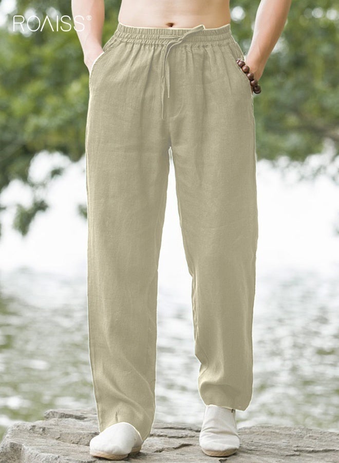roaiss Men's Natural Linen Wide Leg Trousers Lightweight Breathable Cotton Linen Blend Pants for All Ages Loose Fit with Elastic Waist Comfort Large Size Available Trendy Casual Wear - Image 2