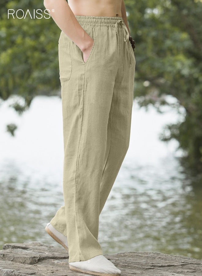 roaiss Men's Natural Linen Wide Leg Trousers Lightweight Breathable Cotton Linen Blend Pants for All Ages Loose Fit with Elastic Waist Comfort Large Size Available Trendy Casual Wear - Image 1