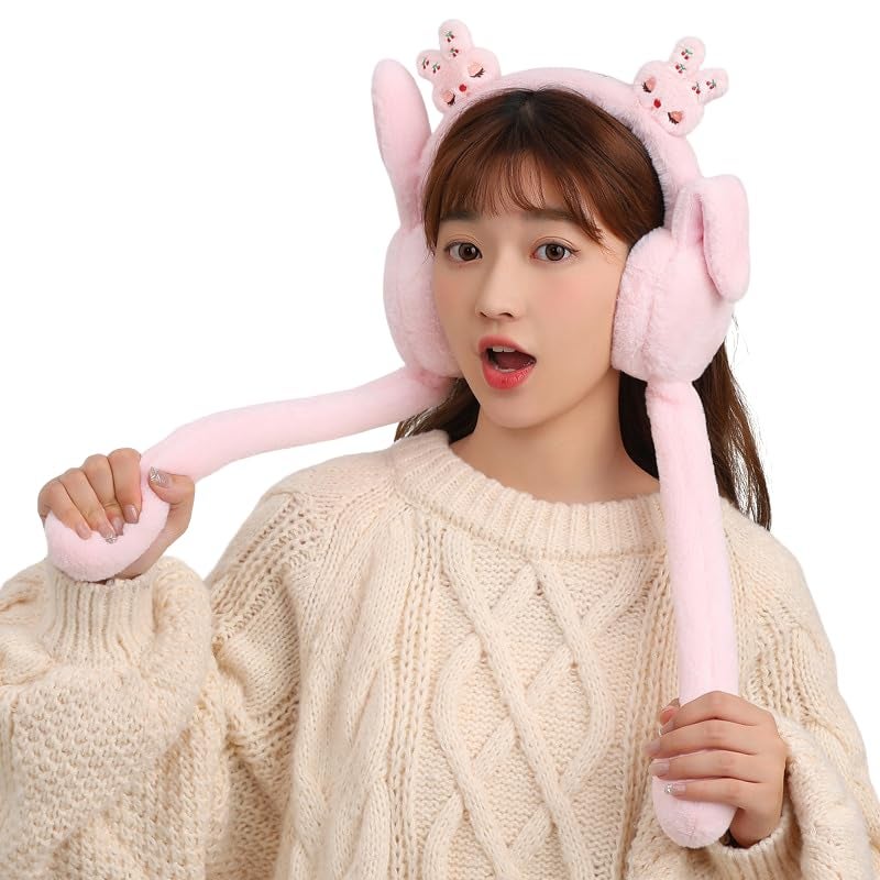 RR DESIGN Moving Ear Rabbit Plush Earmuffs, Pink Winter Warmer, Adjustable Woollen Headband (Pink) - Image 1
