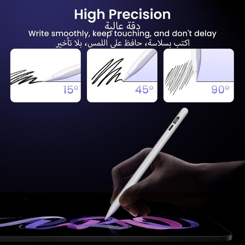 قلم لأجهزة Apple Pen 2018-2026 - قلم iPad بشحن أسرع 3 مرات/عمل لمدة 11 ساعة مع رفض لمس راحة اليد/حساسية الميلان لأجهزة iPad 11/10/9/8/7/6 الجيل، Air 11/13'' (M3)، Pro 11/12.9/13''، Air 3-5، Mini 5/6 - أبيض - Image 4