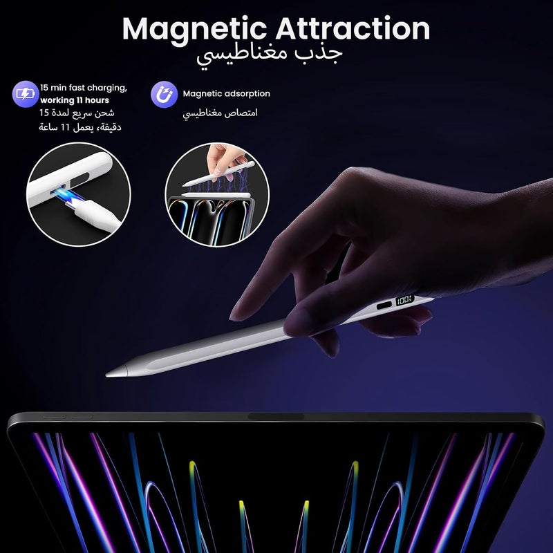 قلم لأجهزة Apple Pen 2018-2026 - قلم iPad بشحن أسرع 3 مرات/عمل لمدة 11 ساعة مع رفض لمس راحة اليد/حساسية الميلان لأجهزة iPad 11/10/9/8/7/6 الجيل، Air 11/13'' (M3)، Pro 11/12.9/13''، Air 3-5، Mini 5/6 - أبيض - Image 5