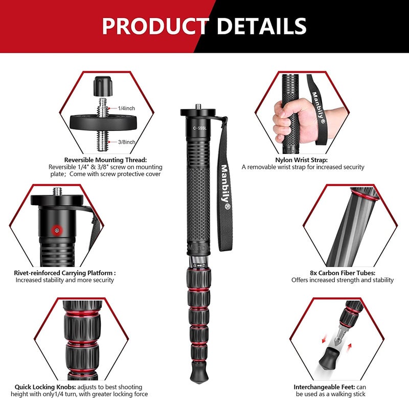 Manbily Camera Monopod, Carbon Fiber Portable Compact Lightweight Travel Monopod with Walking Stick Handle for DSLR Canon Nikon Sony Video Camcorder, 6 Sections up to 61 inch - Image 4
