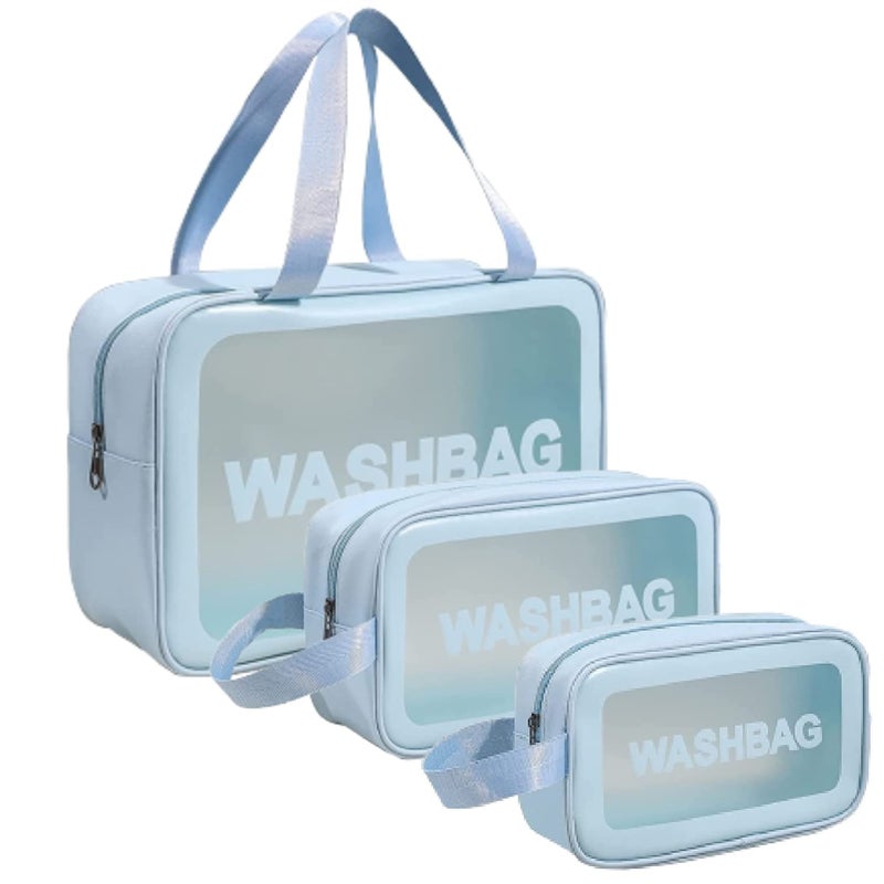 SHAPAT Clear Makeup Pouch Set Cosmetic Organizer Bag for Women and Girls Travel Waterproof Toiletry Storage Kit 3Pcs Organizer Set 3 Pieces Bags BlueBlackBaby Pink Blue - Image 1