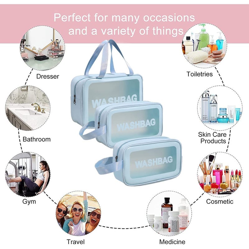 SHAPAT Clear Makeup Pouch Set Cosmetic Organizer Bag for Women and Girls Travel Waterproof Toiletry Storage Kit 3Pcs Organizer Set 3 Pieces Bags BlueBlackBaby Pink Blue - Image 5