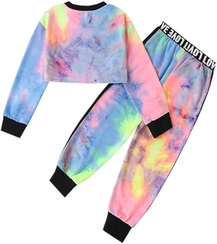 Betusline Girls Cropped Sweatsuit Pants Outfit Set, Tie-Dye Pullover Crop Sweatshirt Tops + Sweat Jogging Pants 2 Pieces Clothes Set, Multicolored, 7-8 Years - Image 2