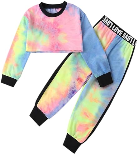 Betusline Girls Cropped Sweatsuit Pants Outfit Set, Tie-Dye Pullover Crop Sweatshirt Tops + Sweat Jogging Pants 2 Pieces Clothes Set, Multicolored, 7-8 Years - Image 1