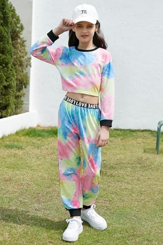 Betusline Girls Cropped Sweatsuit Pants Outfit Set, Tie-Dye Pullover Crop Sweatshirt Tops + Sweat Jogging Pants 2 Pieces Clothes Set, Multicolored, 7-8 Years - Image 4