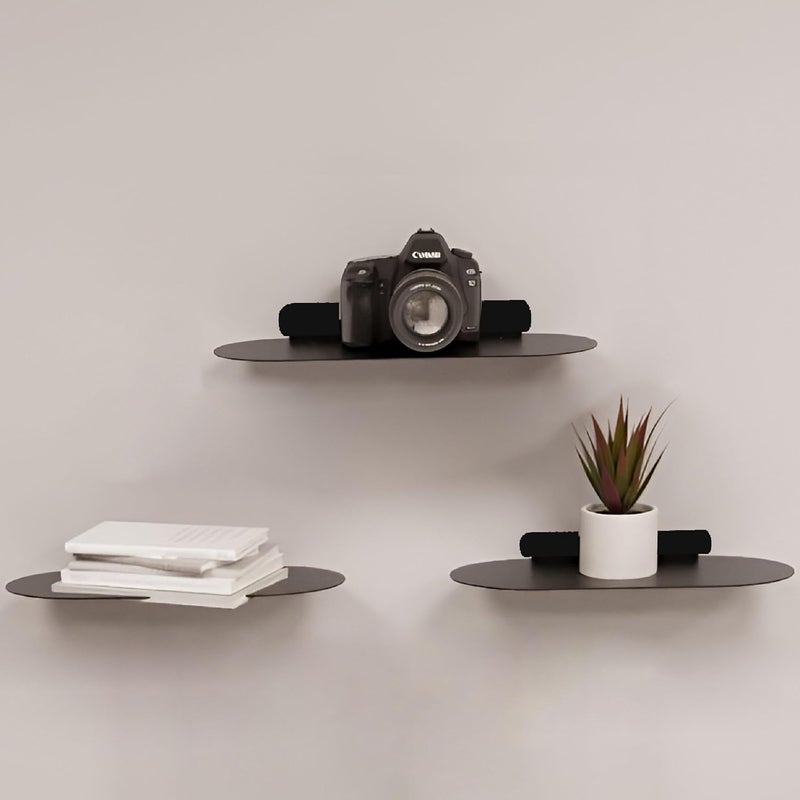 رف معدني عائم مثبت على الحائط مع صندوق تسرب - رف زخرفي - منظم للمطبخ وغرفة المعيشة - حامل لكاميرا الواي فاي - عبوة من 3 باللون الأسود