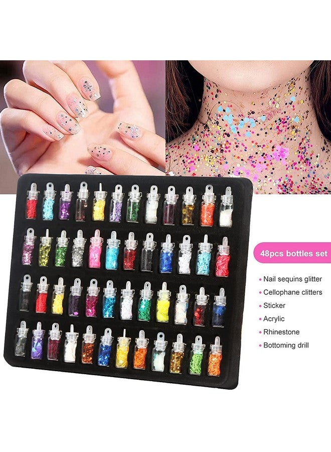 Aabhir Traders 100 Nails,15 Nail Art Brush,5 Nail Dotting Tools,48 Pcs 3D Nail Glitter Bottles,10 Round Nail Tapes,2 Nail Glue &10 Nail Art Tip Guide Sticker - (190 Pcs Combo) - Image 4