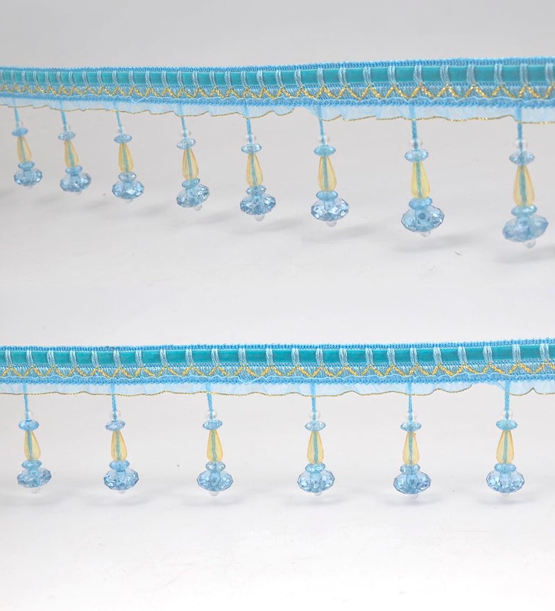 Kuasting 6.5 Yards Braid Hanging Ball Tassel Fringe Trim Bead Sewing Trim Fringe Lace Acrylic DIY Craft Sewing Accessory for Home Curtain Decoration (Blue) - Image 1