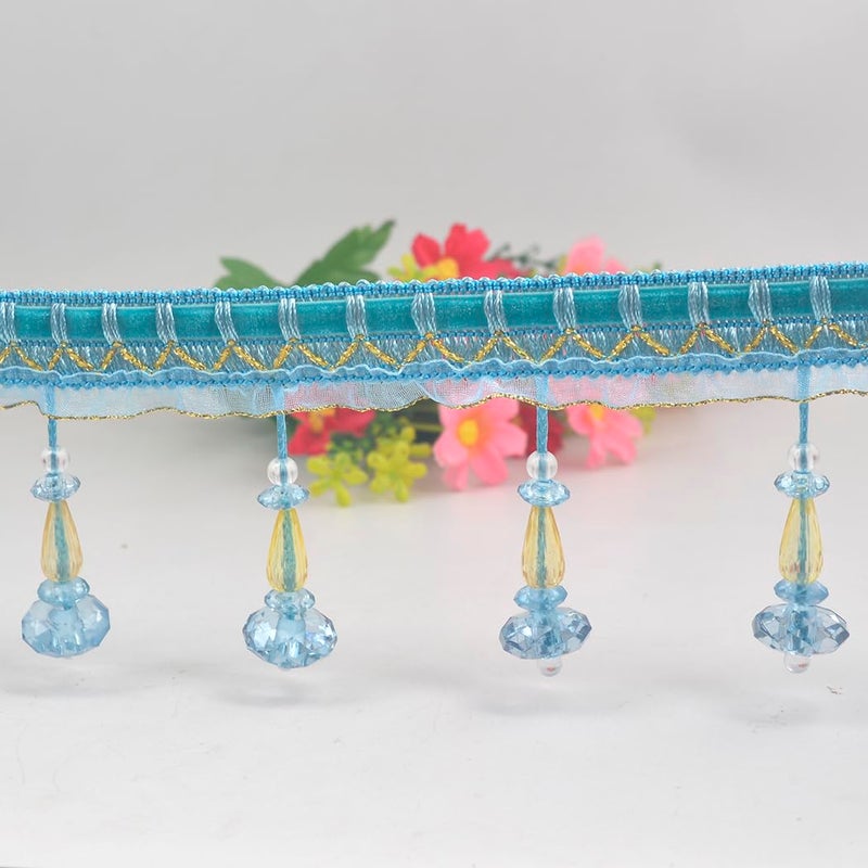 Kuasting 6.5 Yards Braid Hanging Ball Tassel Fringe Trim Bead Sewing Trim Fringe Lace Acrylic DIY Craft Sewing Accessory for Home Curtain Decoration (Blue) - Image 3