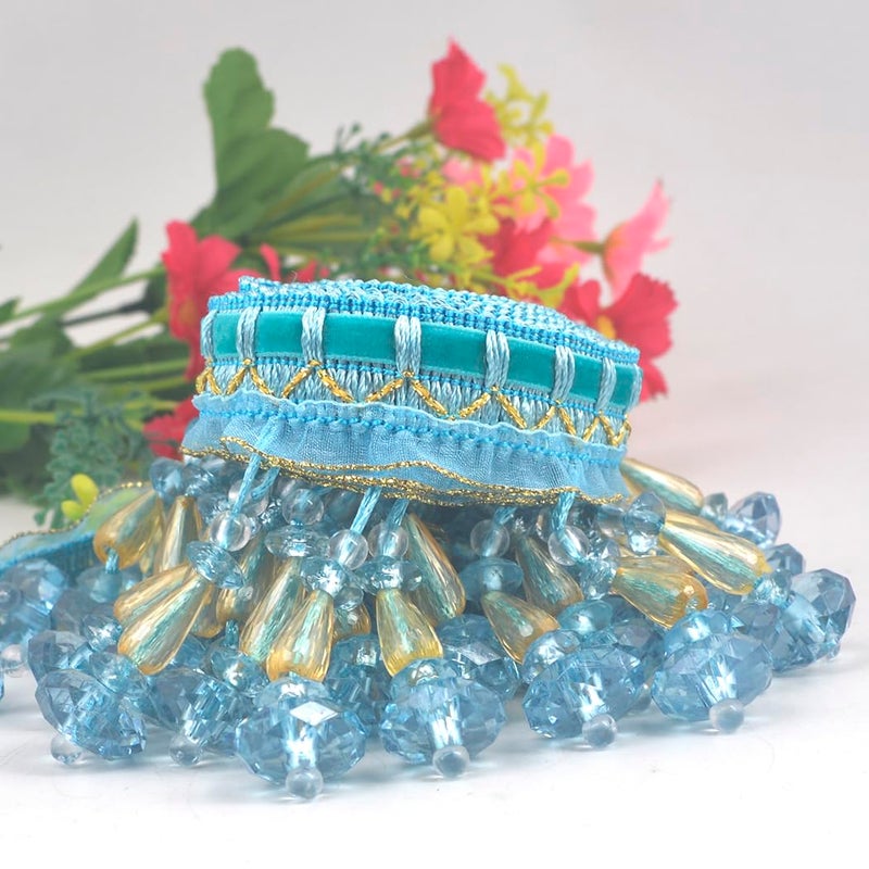 Kuasting 6.5 Yards Braid Hanging Ball Tassel Fringe Trim Bead Sewing Trim Fringe Lace Acrylic DIY Craft Sewing Accessory for Home Curtain Decoration (Blue) - Image 5