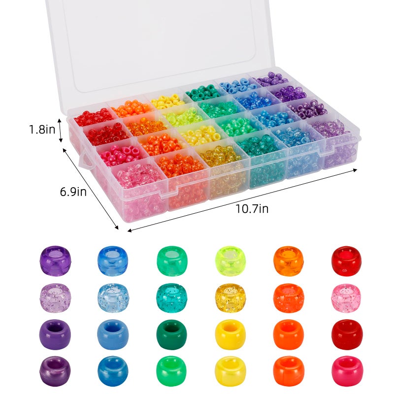 Quefe 2880pcs Pony Beads Kit, Kandi Beads for Hair, Rainbow Beads Plastic Bead for Craft 6 x 9mm 24 Colors 4 Styles Large Hole Beads Set for Bracelets Jewelry Making - Image 2