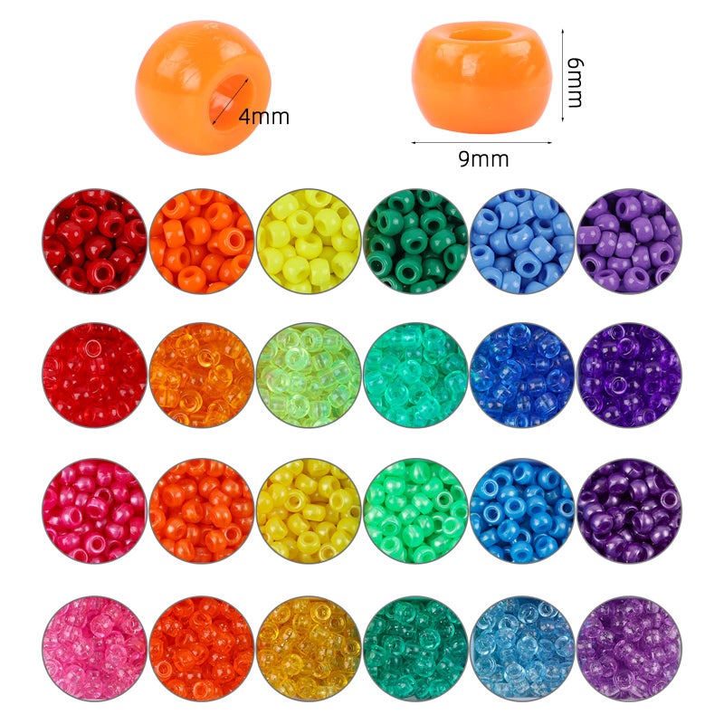 Quefe 2880pcs Pony Beads Kit, Kandi Beads for Hair, Rainbow Beads Plastic Bead for Craft 6 x 9mm 24 Colors 4 Styles Large Hole Beads Set for Bracelets Jewelry Making - Image 3