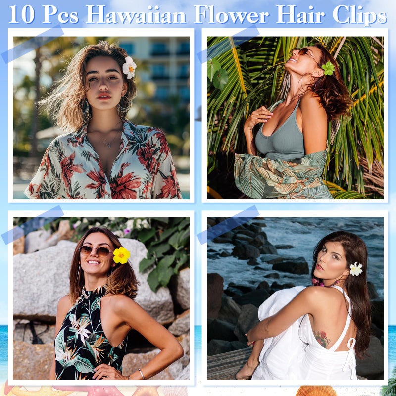 ProSuites 10 Pcs Hawaiian Flower Hair Clips for Women, Plumeria Hibiscus Hair Clips, 3.5 Inch Artificial Flower Clips for Vacation Party Beach Seaside - Image 3