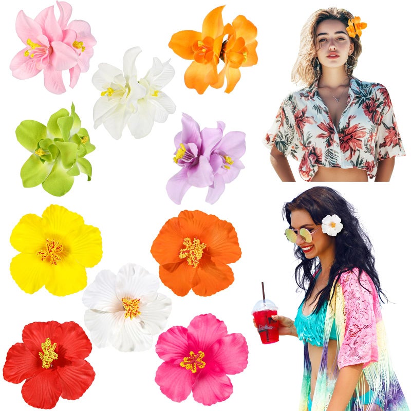 ProSuites 10 Pcs Hawaiian Flower Hair Clips for Women, Plumeria Hibiscus Hair Clips, 3.5 Inch Artificial Flower Clips for Vacation Party Beach Seaside - Image 1