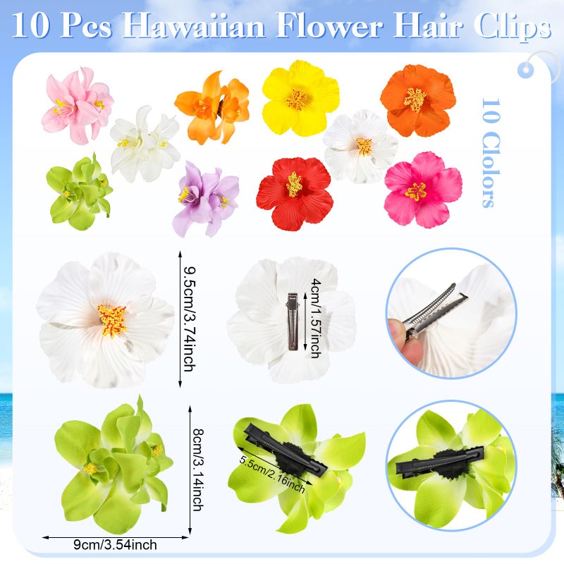 ProSuites 10 Pcs Hawaiian Flower Hair Clips for Women, Plumeria Hibiscus Hair Clips, 3.5 Inch Artificial Flower Clips for Vacation Party Beach Seaside - Image 2