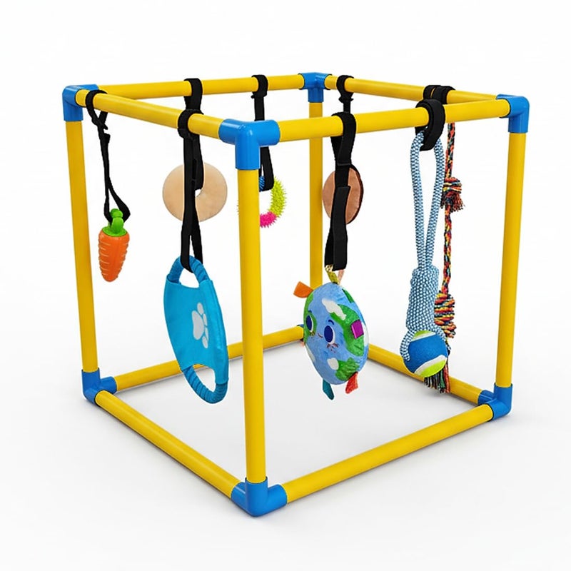 HiNADA Puppy Play Gym with 8 Hanging Toys, Small Dogs Indoor Jungle Gym with Squeaky Toys, PVC Frame with Bungee Straps Enrichment Activity Center(Suitable for Dogs Up to 25 lbs) - Image 1
