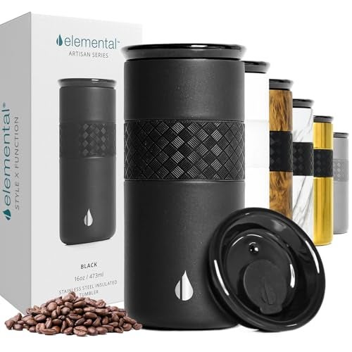 Elemental Artisan Insulated Tumbler Triple Wall Coffee Travel Mug Reusable Stainless Steel Coffee Tumbler with Ceramic Lid Thermal Coffee Cups for Hot 6 Hrs  Cold 18 Hrs 16oz  Black
