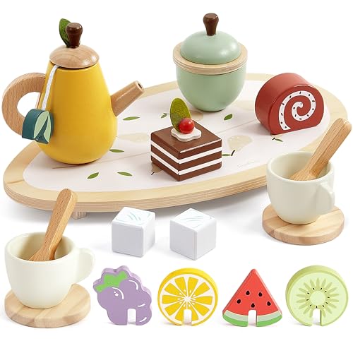 PairPear Wooden Tea Party Set for Little Girls 20pcs Pretend Play Fruit Tea Set with Pear Teapot, Dessert & Citrus Slices, Kids Kitchen Accessories Wooden Toys Food for Toddlers & Kids 3+ - Image 1