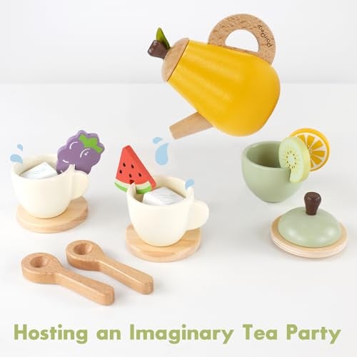 PairPear Wooden Tea Party Set for Little Girls 20pcs Pretend Play Fruit Tea Set with Pear Teapot, Dessert & Citrus Slices, Kids Kitchen Accessories Wooden Toys Food for Toddlers & Kids 3+ - Image 4