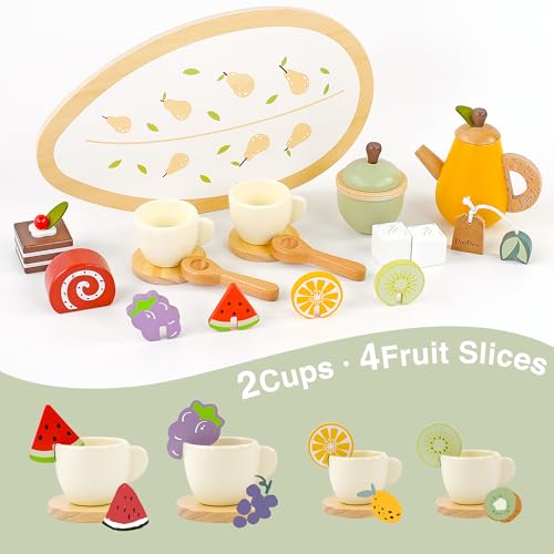 PairPear Wooden Tea Party Set for Little Girls 20pcs Pretend Play Fruit Tea Set with Pear Teapot, Dessert & Citrus Slices, Kids Kitchen Accessories Wooden Toys Food for Toddlers & Kids 3+ - Image 2