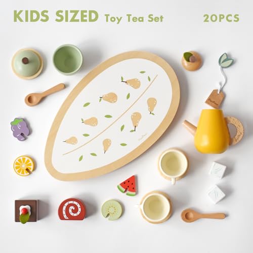 PairPear Wooden Tea Party Set for Little Girls 20pcs Pretend Play Fruit Tea Set with Pear Teapot, Dessert & Citrus Slices, Kids Kitchen Accessories Wooden Toys Food for Toddlers & Kids 3+ - Image 3