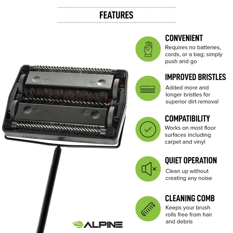Alpine Industries Alpine Manual Carpet Sweeper Triple Brush – Non Electric Multi-Surface Floor Cleaner Easy Sweeping for Carpeted Floors (Red -Updated)  - Image 3