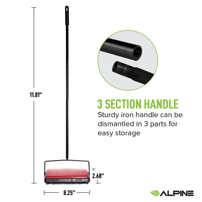 Alpine Industries Alpine Manual Carpet Sweeper Triple Brush – Non Electric Multi-Surface Floor Cleaner Easy Sweeping for Carpeted Floors (Red -Updated)  - Image 4