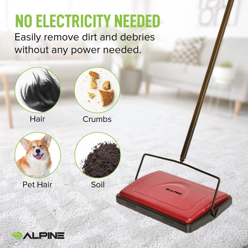 Alpine Industries Alpine Manual Carpet Sweeper Triple Brush – Non Electric Multi-Surface Floor Cleaner Easy Sweeping for Carpeted Floors (Red -Updated)  - Image 2