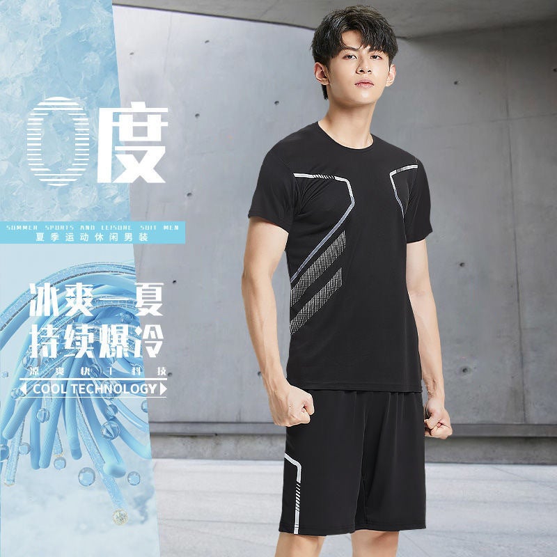 Generic 2025 Summer Thin Ice Silk Breathable Sports suit Outdoor Fitness plus size Morning Running Mens and Womens Running Quick-drying Z04 suit black