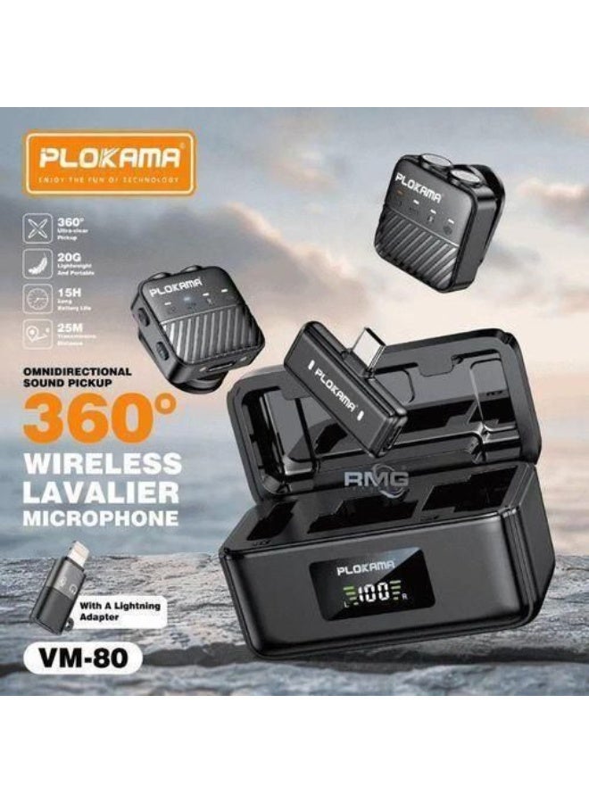 التخطيط ميكروفون لافالير لاسلكي مزدوج Plokama VM-80؛ صوت نقي؛ مدى 25م؛ بطارية تدوم 7 ساعات؛ Type-C - مثالي للبث المباشر والمقابلات وصناعة المحتوى - Image 4