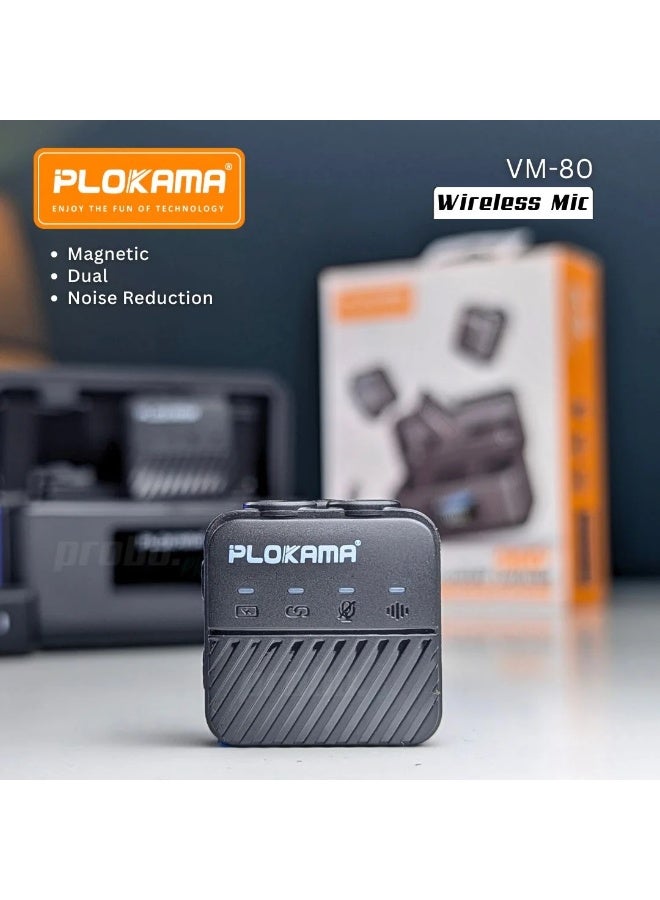 التخطيط ميكروفون لافالير لاسلكي مزدوج Plokama VM-80؛ صوت نقي؛ مدى 25م؛ بطارية تدوم 7 ساعات؛ Type-C - مثالي للبث المباشر والمقابلات وصناعة المحتوى - Image 5