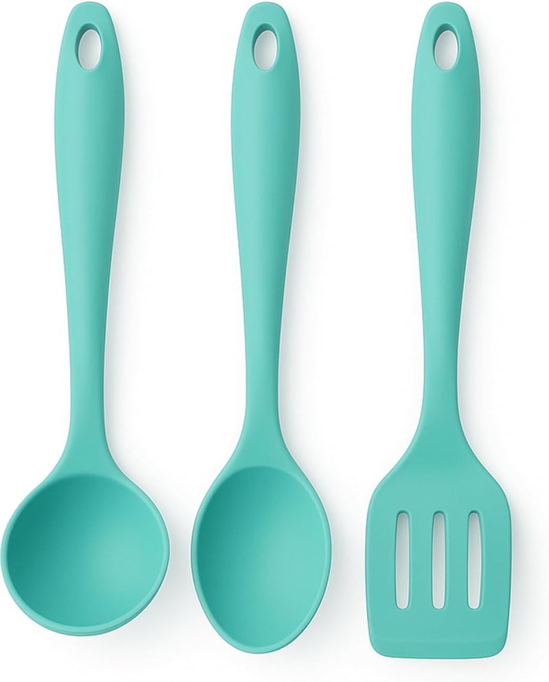 Silicone Kitchen Utensils Set 3PCS â€“ Soup Ladle + Serving Spoon + Slotted Spoon â€“ Food Contact Safe, Heat Resistant up to 230Â°C, Suitable for Nonstick Utensils, Ergonomic Handle (Turquoise)