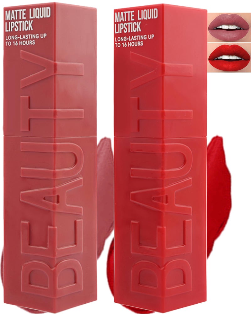 LYSdefeu Matte Liquid Lipstick for Women-2Pcs Pink Neutral & Red Highly Pigmented Lip Stain Tint,Super Velvet Matte Lip Gloss, Long Lasting Up to 16H Wear,Waterproof Smudge-proof Non-Stick Cup Lip Makeup-03+05 - Image 1