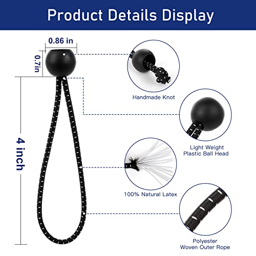 Kinzomor Bungee Cords with Balls 50 PCS- Ball Bungee Cords 4 Inch Heavy Duty Elastic Cord Ball Bungee Canopy Tie Downs Tarp Bungee with Balls for Camping, Shelter,Cargo,Tent Poles UV Resistant - Image 2