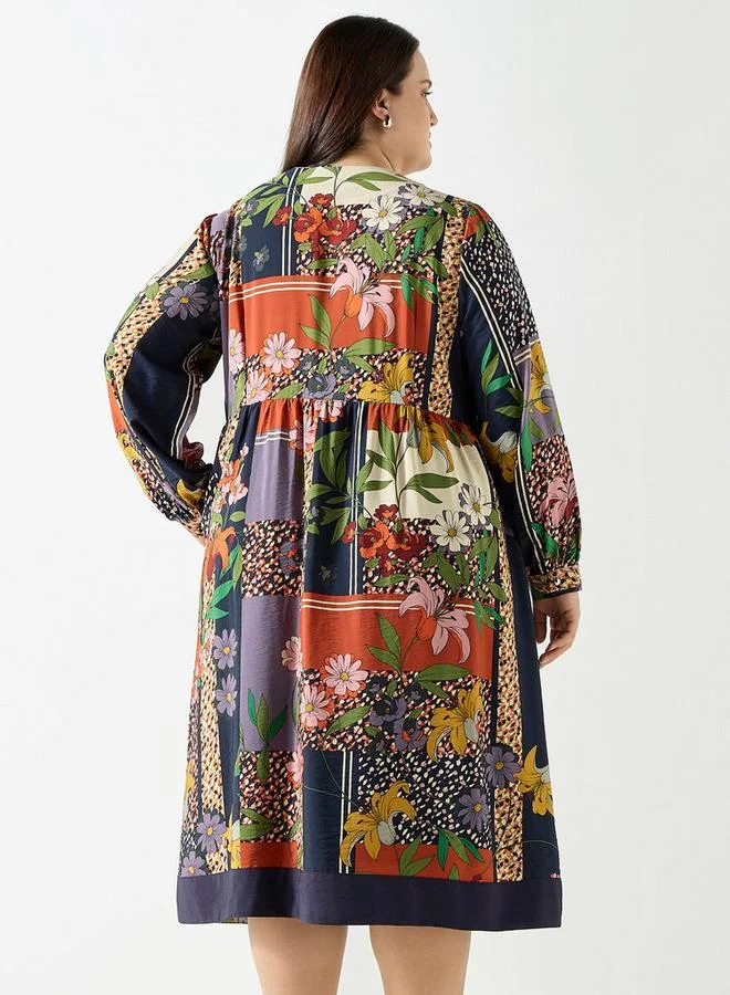 Ulla Popken Plus Size Ulla Popken All-Over Floral Print Midi Dress with Long Sleeves