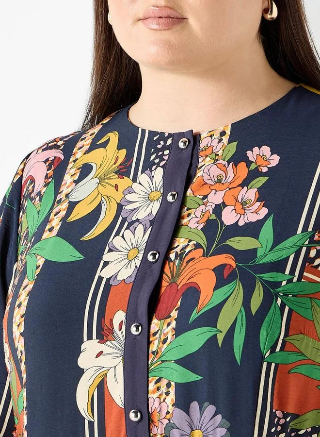 Ulla Popken Plus Size Ulla Popken All-Over Floral Print Midi Dress with Long Sleeves