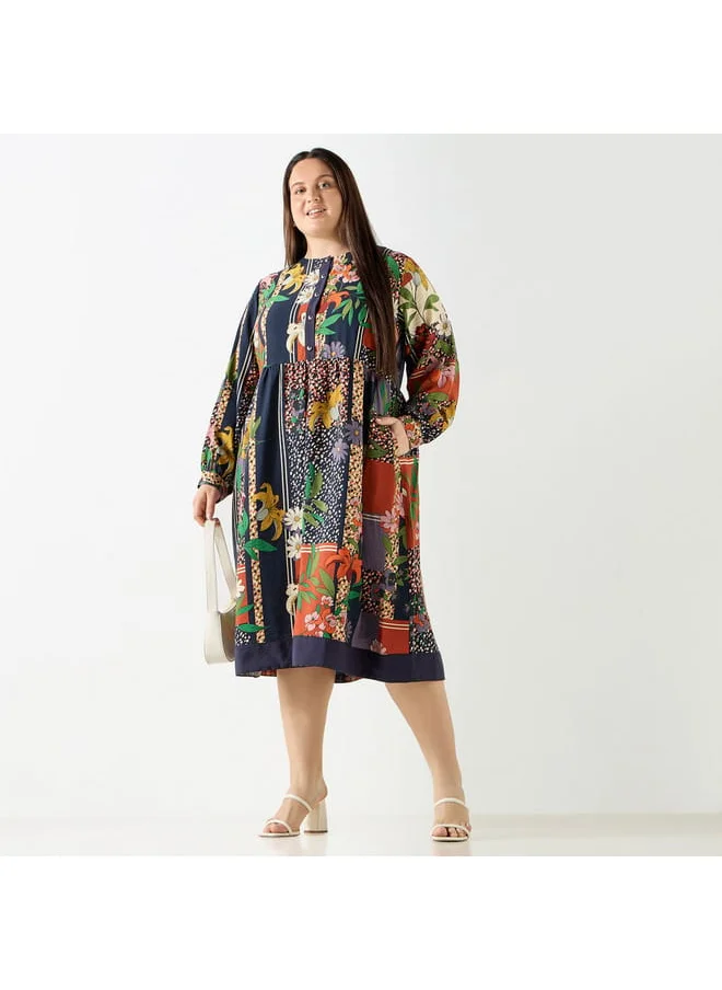 Ulla Popken Plus Size Ulla Popken All-Over Floral Print Midi Dress with Long Sleeves