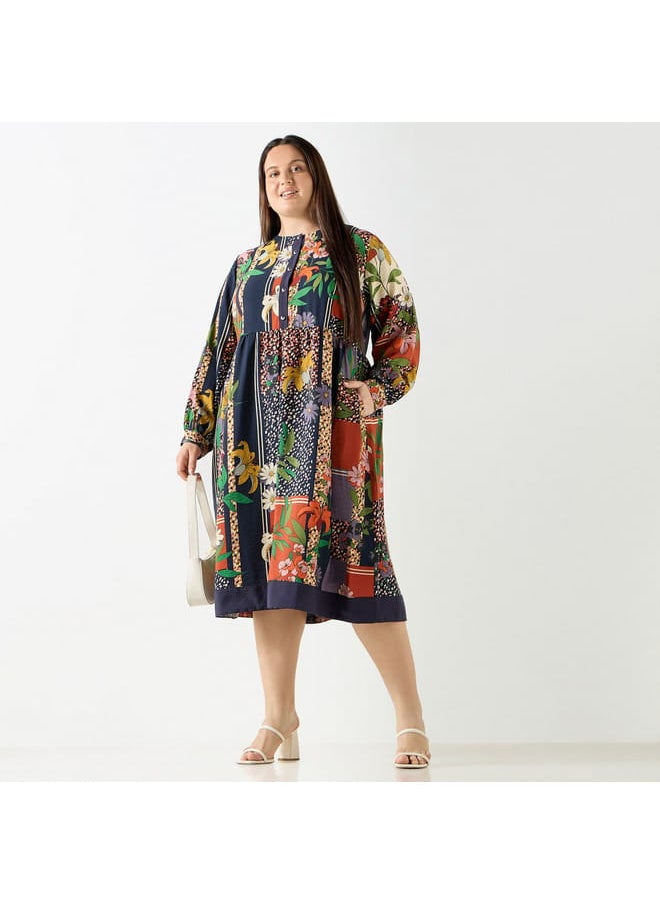 Ulla Popken Plus Size Ulla Popken All-Over Floral Print Midi Dress with Long Sleeves  - Image 2