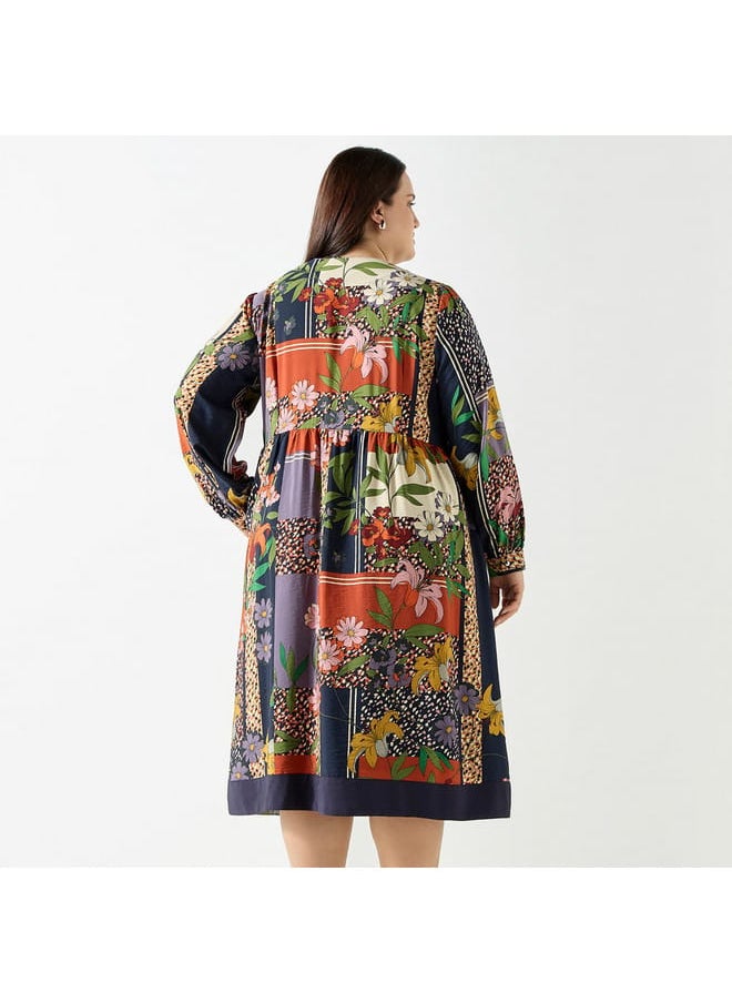 Ulla Popken Plus Size Ulla Popken All-Over Floral Print Midi Dress with Long Sleeves  - Image 3