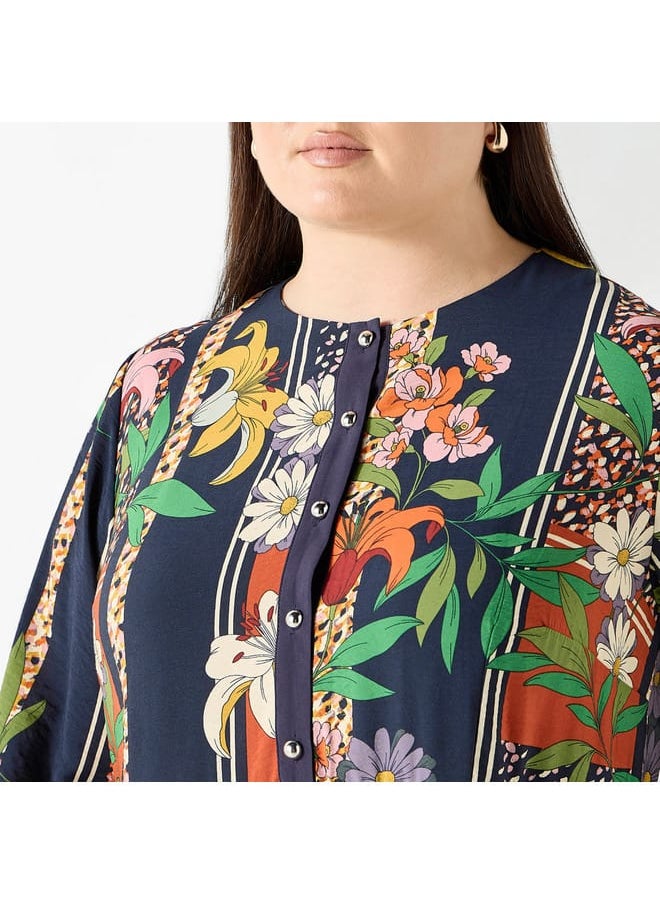 Ulla Popken Plus Size Ulla Popken All-Over Floral Print Midi Dress with Long Sleeves  - Image 4