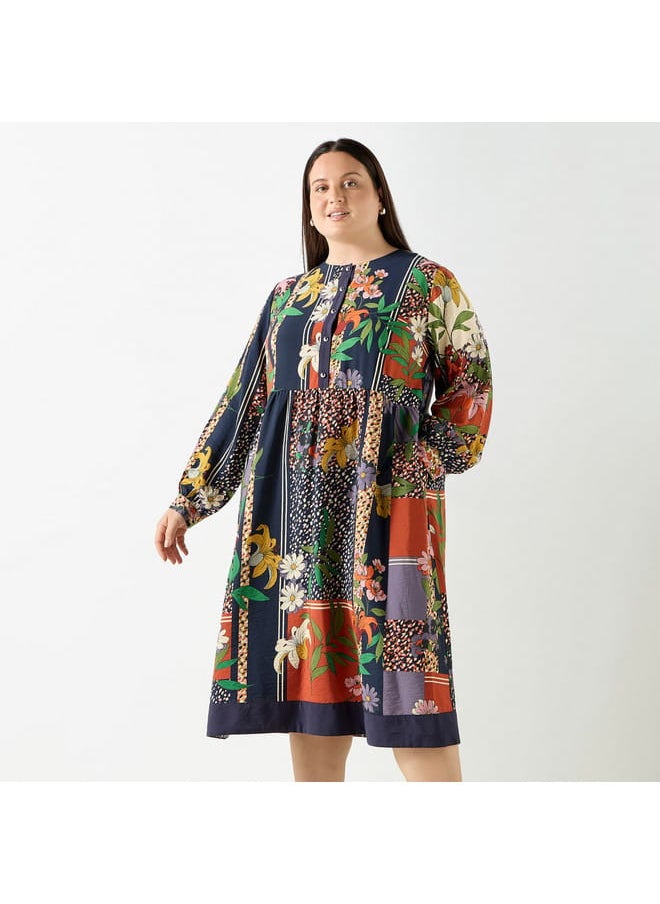 Ulla Popken Plus Size Ulla Popken All-Over Floral Print Midi Dress with Long Sleeves  - Image 1