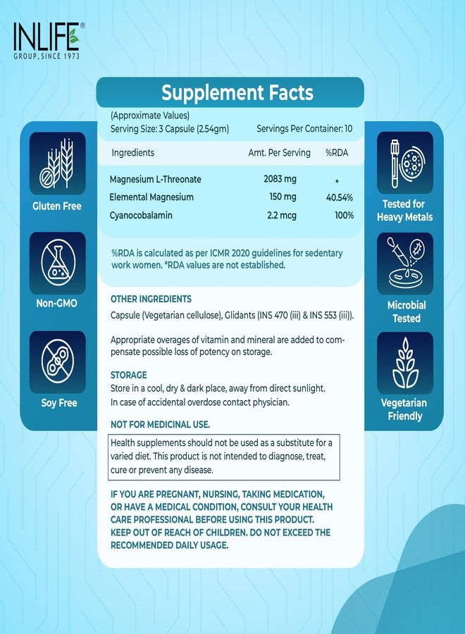 INLIFE Magnesium L Threonate Supplement 2083 mg with Vitamin B12 | Highly Bioavailable | 30 Vegetarian Capsules - Image 2