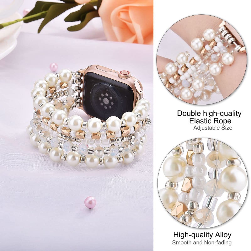 VISOOM Beaded Bracelet Compatible for Apple Watch Band 42mm/40mm/38mm/41mm Series 11 10 9 8 7 SE Series 6/5/4 Women Fashion Cute Handmade Pearl Stretchy Watch Strap for iWatch Bands Series 3/2/1 - Image 2