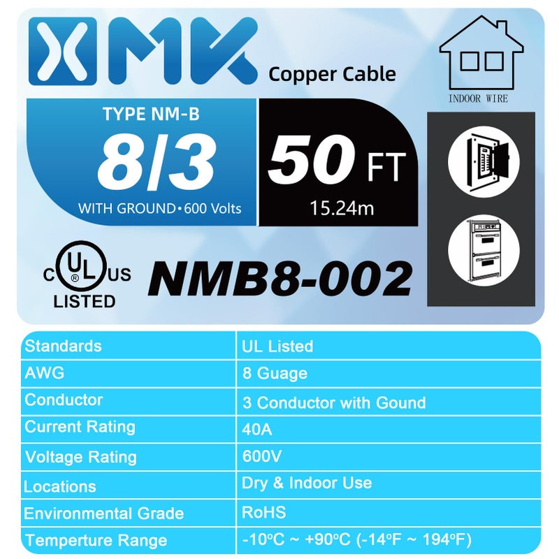 XMK 50ft NM-B 8/3 Wire with Ground,8/3 8 Gauge 3 Conductor Wire,8-3 Copper 8 AWG Non-Metallic Sheathed 8/3 NM-B W/G Cable,Stranded Indoor Residential Electrical Wiring for Branch Circuit Switches&Outlets - Image 2