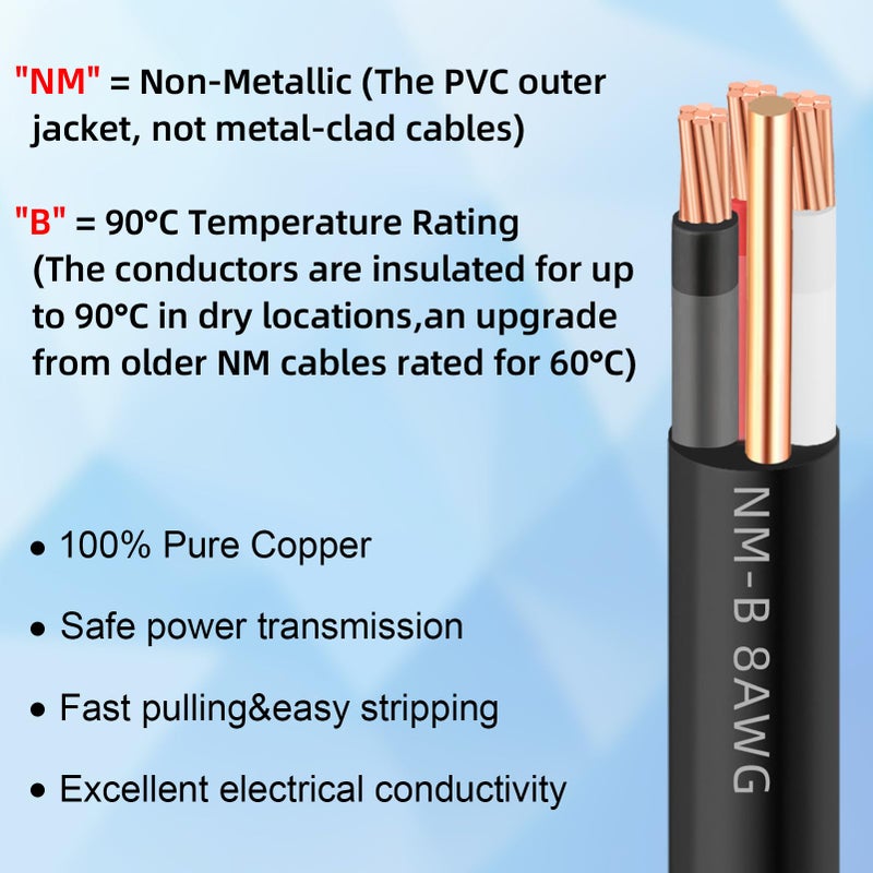 XMK 50ft NM-B 8/3 Wire with Ground,8/3 8 Gauge 3 Conductor Wire,8-3 Copper 8 AWG Non-Metallic Sheathed 8/3 NM-B W/G Cable,Stranded Indoor Residential Electrical Wiring for Branch Circuit Switches&Outlets - Image 4